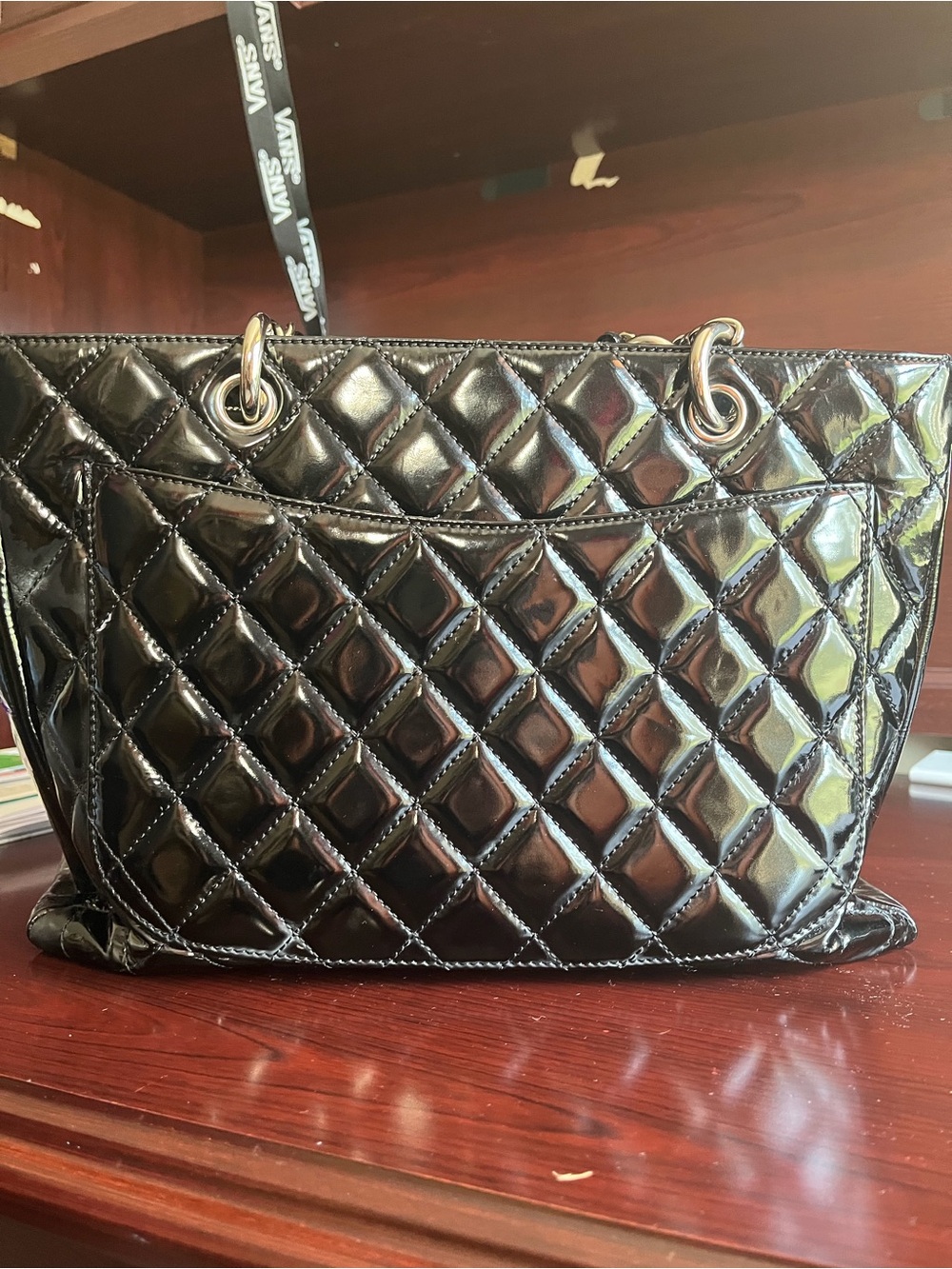 CHANEL Black Quilted Patent Leather Tote with Chain Straps - Picture 3 of 10